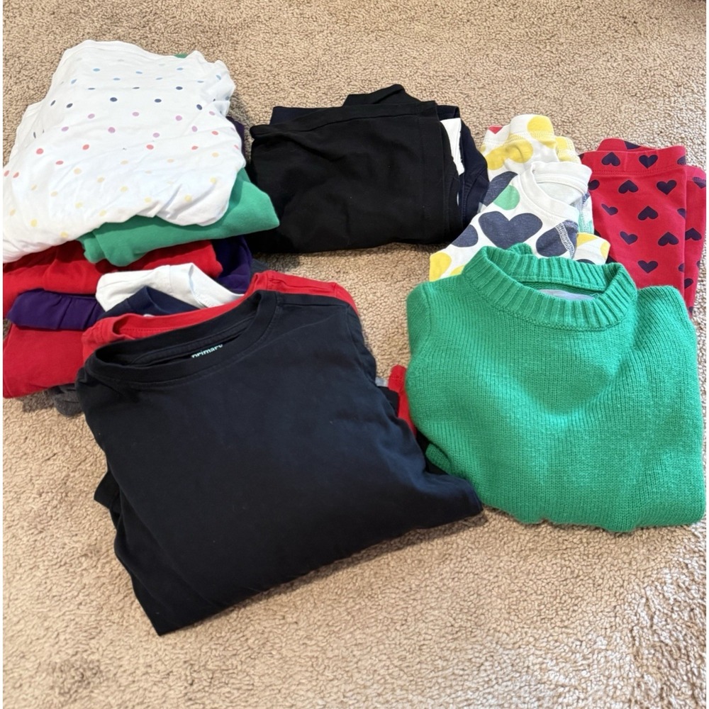 19 Piece Lot Primary Girls Clothing Tops Leggings, Dresses, PJs Size 4-5 EUC